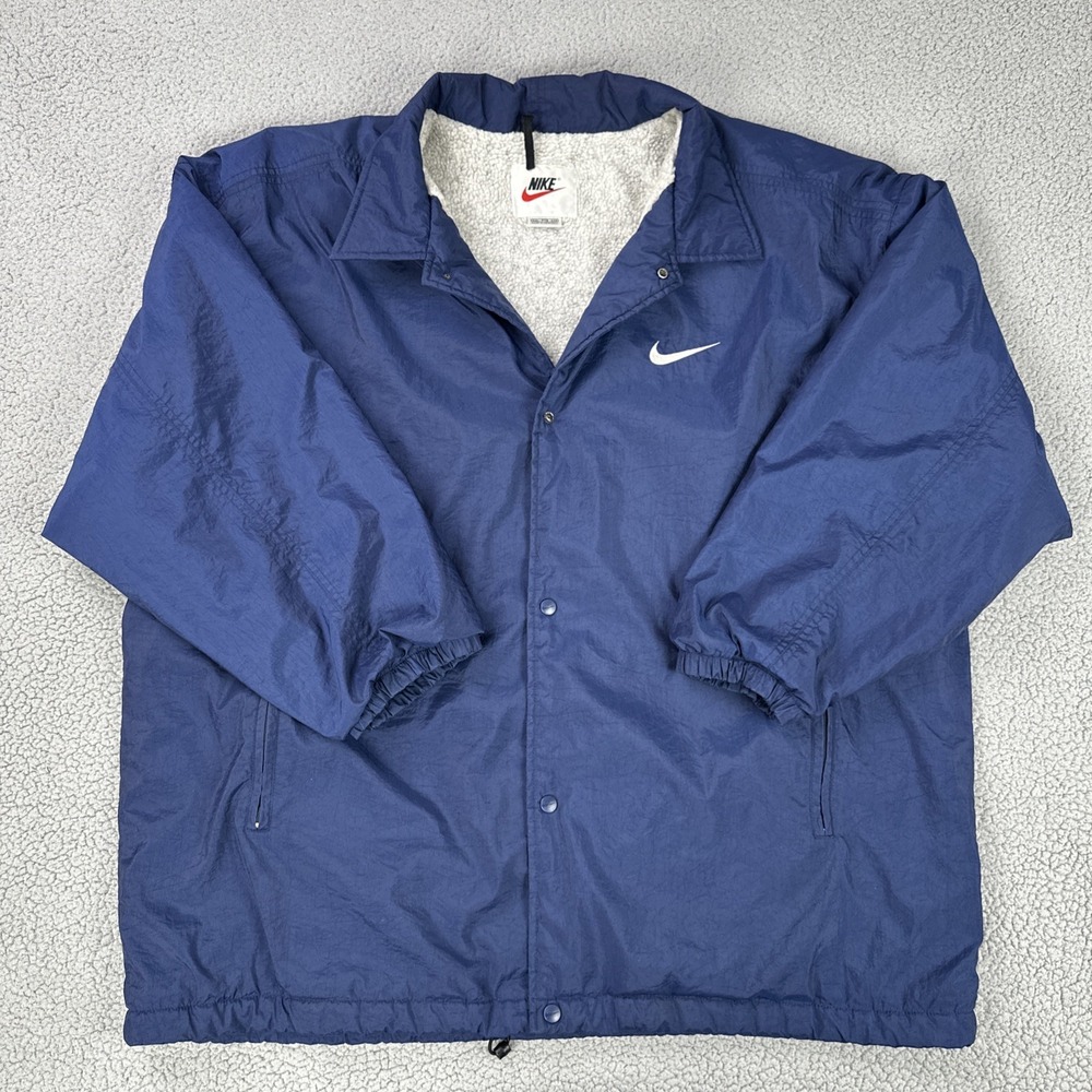 Vintage 90s Nike Sherpa Lined Nylon Jacket Men 2XL Navy Blue Spellout Full‎ Zip